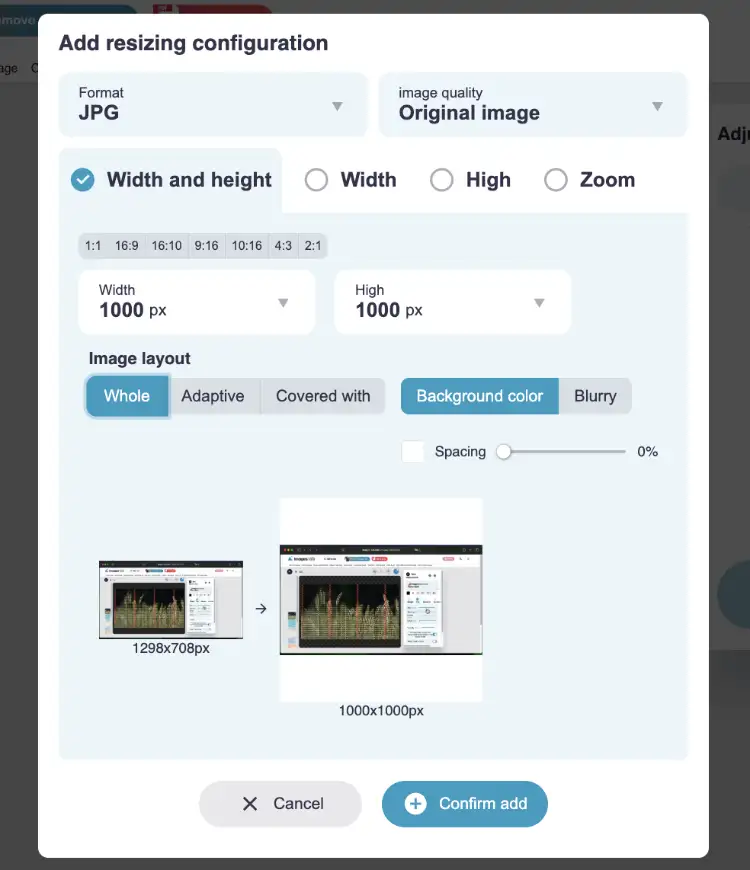 Size options parameters, you can modify the width and height, layout mode, background color or blur filter, scale the size according to the original ratio, output image format and quality, ImagesTool.com adjust image size tool